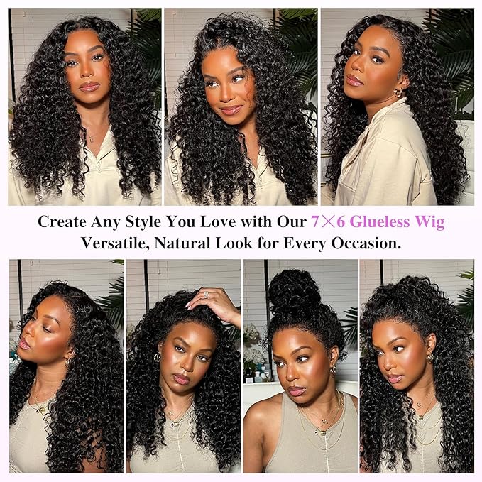 7x6 Burmese Curly Glueless Wigs Human Hair Pre Plucked Pre Cut 250% Density Drawstring Wig for Black Women 7x6 HD Lace Front Wigs Human Hair Glueless Wear and Go Nautural Color 28 Inch