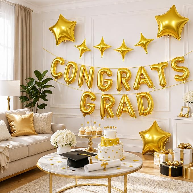 Congrats Grad Balloons, 16 Inch Gold Congrats Grad Letters Banner Balloons - Image 4