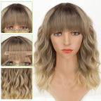 AISI HAIR Curly Bob Wig with Bangs Ombre Blonde Color Short Wavy Wigs for Women Bob Style Synthetic Heat Resistant Bob Wigs
