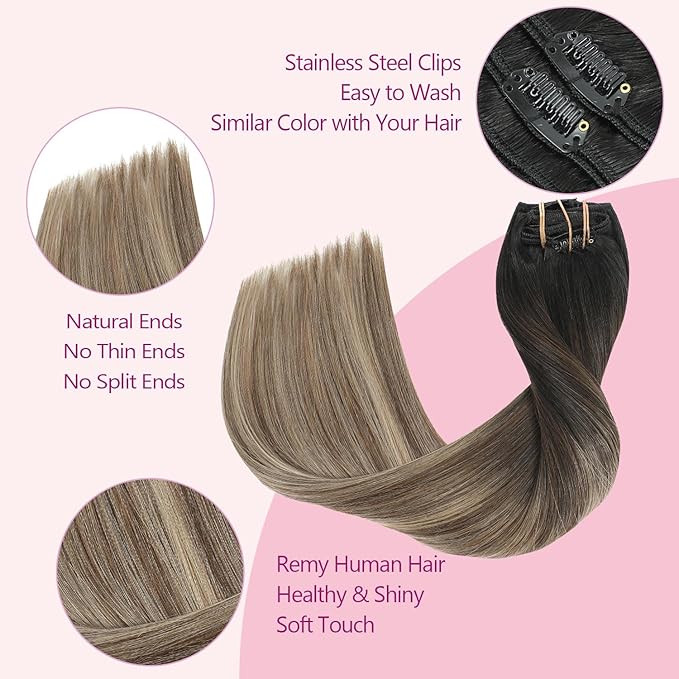 PINKPEARL Clip in Hair Extensions Real Human Hair #1B/4/27 Balayage Natural Black to Chocolate Brown and Caramel Blonde Clip in Hair 7pcs 120g 14inch Human Hair Extensios Clip ins(#1B/4/27-14)