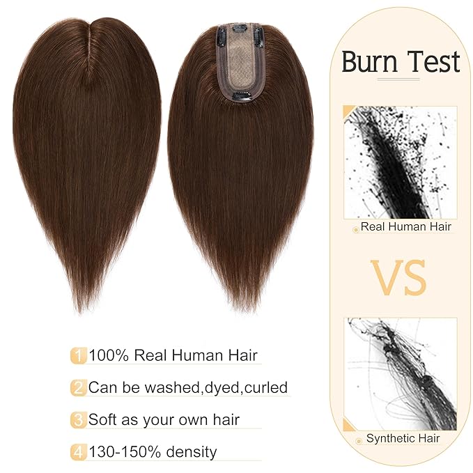 SEGO Human Hair Toppers for Women With Thinning Hair, 7 * 13CM Silk Base 100% Real Human Hair Clip in Top Wiglet Hairpieces -12 Inch No Bangs Medium Brown