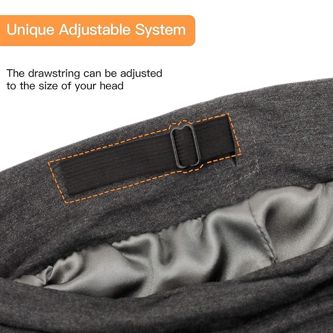 Silk Satin Lined Bonnet Sleep Cap - Adjustable Stay on All Night Hair Wrap Cover Slouchy Beanie for Curly Hair Protection for Women and Men - Solid Dark Grey