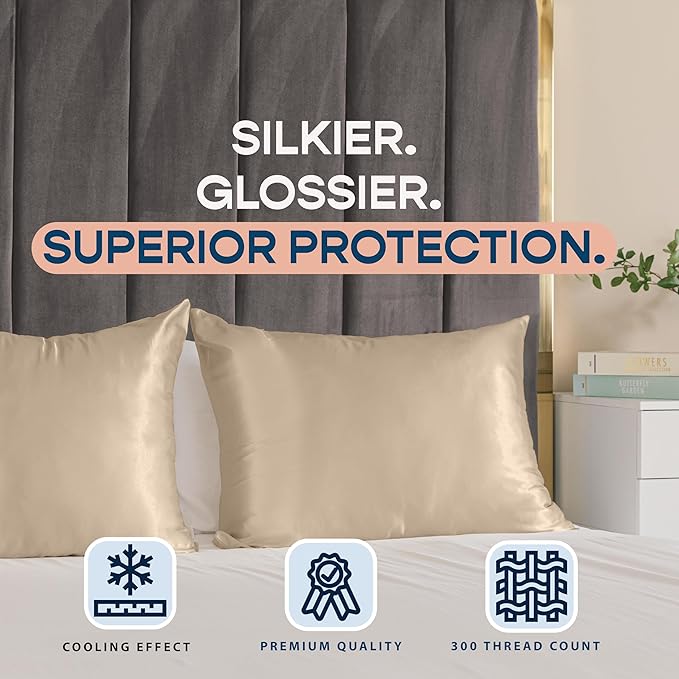 BLISSFORD Satin Pillowcase with Zipper, for Hair and Skin Care, Feels Soft and Cool Like a Silk Pillowcase, Satin Pillow Cases 2 Pack, Slik Pillow Cover, Taupe - King Size, Set of 2