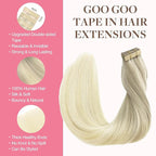 GOO GOO Tape in Hair Extensions Human Hair, 17/22/60 Ash Blonde to Golden Blonde and Platinum Blonde, 16inch 100g 40pcs, Skin Weft Seamless Invisible, Silky Straight with Thick Ends, Remy Human Hair