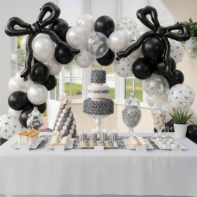 Black Bow Balloons, 12Inch Pearl Black and White Bow Print Balloon - Image 6