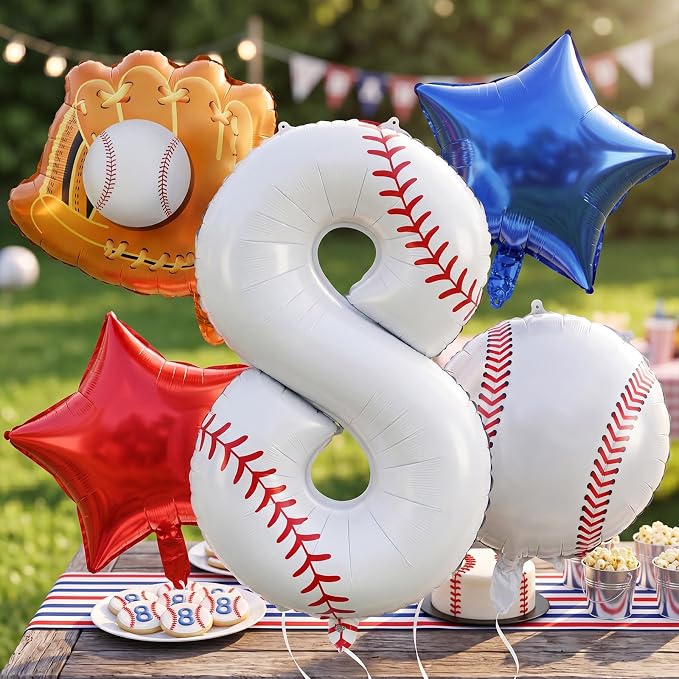 Jenaai Number 8 Baseball Balloons White Red and Blue Baseball Glove Balloons - Image 4