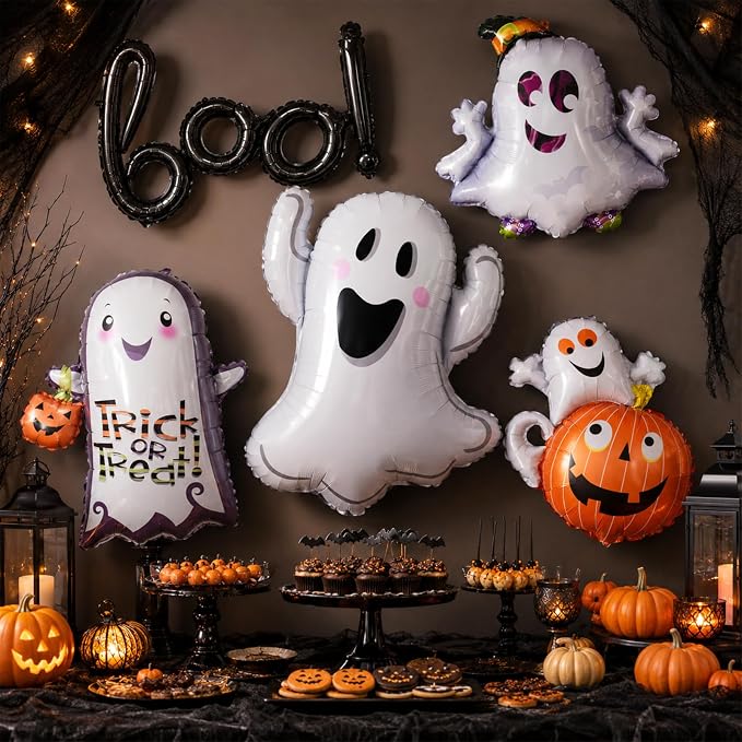 HILAVO 5PCS Halloween Foil Balloons Set, Ghost Pumpkin Boo Balloons Cute Happy - Image 5