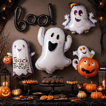 HILAVO 5PCS Halloween Foil Balloons Set, Ghost Pumpkin Boo Balloons Cute Happy - Image 5