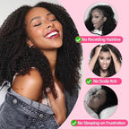 WOWANGEL Kinky Curly Half Wig Human Hair 180% Density Flexi-Fit Invisi 3 in 1 Wigs Flip Drawstring Wig Glueless Wear and Go Headband Wig 100% Human Hair for Women, Natural Black, 20 Inch
