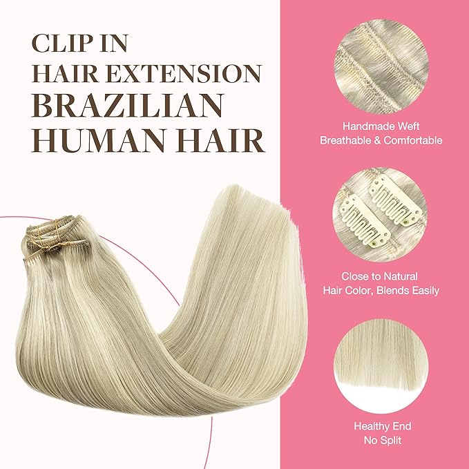 GOO GOO Clip in Hair Extensions Real Human Hair, Remy Human Hair Extensions Clip ins for Women, Natural Human Hair, 24inch 150g 9Pcs, #17A/60A Ash Blonde Highlighted Platinum Blonde