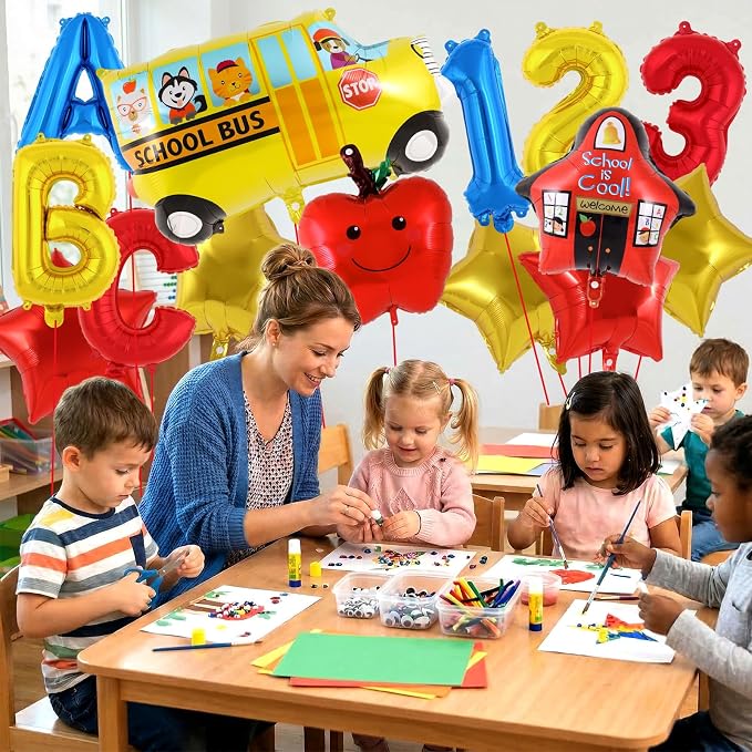 18 Pcs Large Back to School Balloons, Colorful Star Bus House ABC Foil Balloons - Image 5