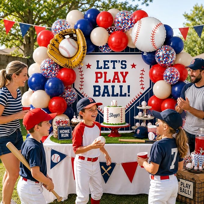Baseball Balloons, 12 Inch Navy Blue Red Balloons, Nude Red Blue Confetti Latex - Image 4