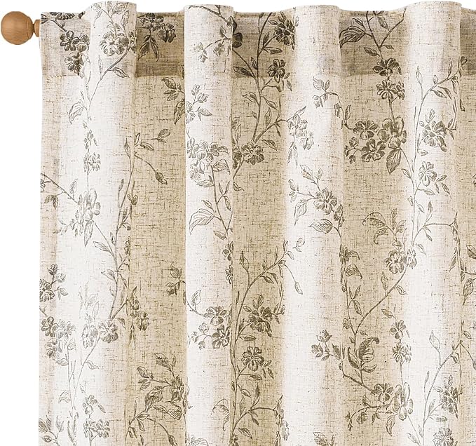 Grey Vintage Floral Linen Curtains Farmhouse 38W X 90L 2 Panels | Elisa Series by Lazzzy