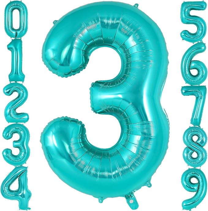 Teal Blue Number 3 Balloon, 40 Inch Big Large Foil Helium Number Balloons by AIQINHU