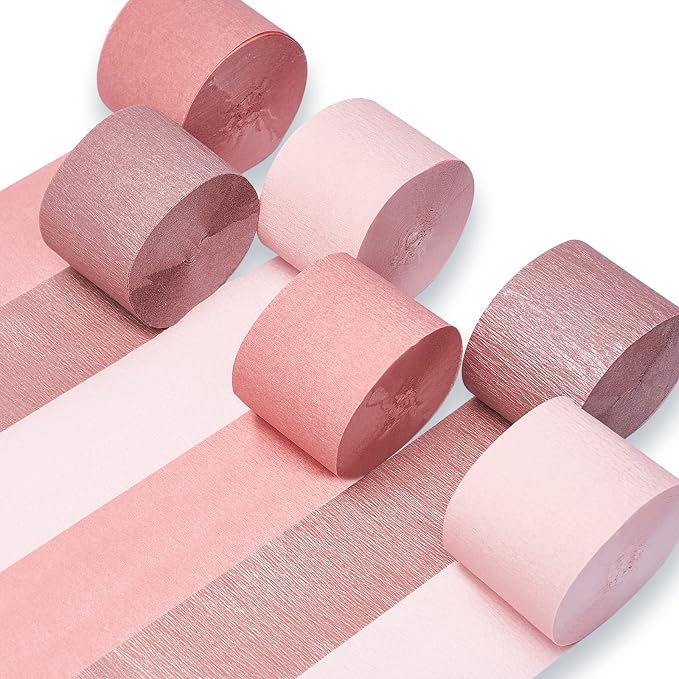 PartyWoo Rose Gold Baby Metallic Pink Crepe Paper Streamers 6pcs 492 FT | by PartyWoo
