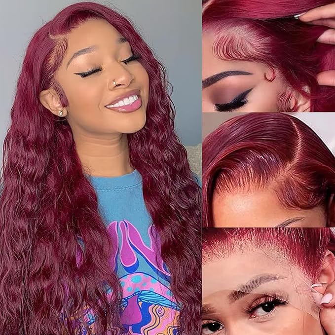 MEIMEI 200 Density 99J Burgundy Lace Front Wigs Human Hair Loose Wave 15A 13x4 Full Large Lace Space Frontal Wig Pre Plucked with Baby Hair Glueless Burgundy Loose Deep Wave Wigs 22 Inch