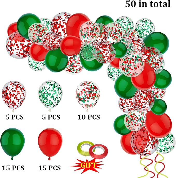 50 Pcs 12 Inch Red and Green Confetti Balloons Christmas Balloons - Image 3