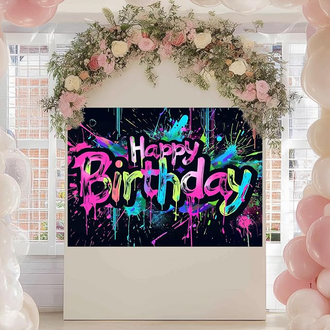 HOMETITUTE Neon Happy Birthday Banner 84x60 Inch Neon Supplies | Happy Birthday - Image 7