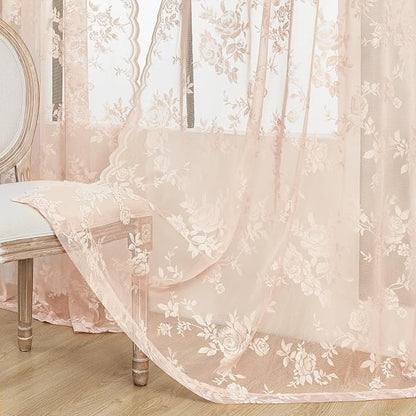 SEEKRIGHT Peach Lace Curtains 72 Inch Length 2 Panels Blush Pink Floral Sheer - Image 5