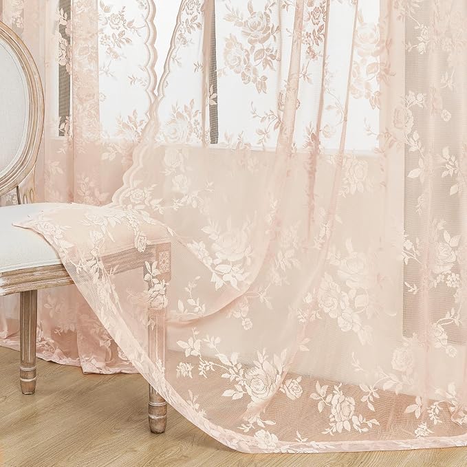 SEEKRIGHT Pink Lace Curtains 45 Inch Length Victorian Floral Sheer Curtains - Image 4