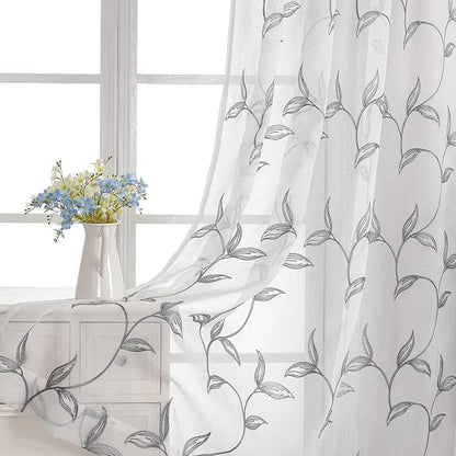 Sheer Curtains Boho Leaf Floral Embroidered Grey 54Wx63L | Light Filtering Semi by VISIONTEX