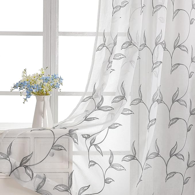 Sheer Curtains Boho Leaf Floral Embroidered Grey 54Wx84L | Light Filtering Semi by VISIONTEX