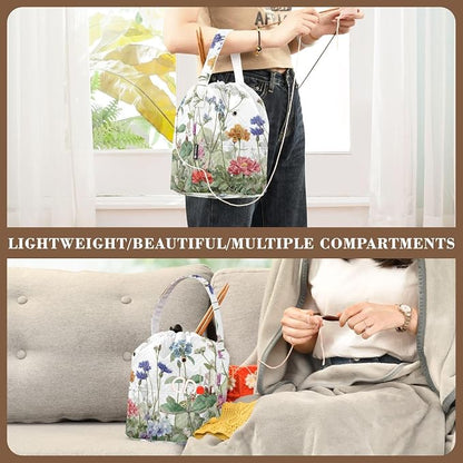 Wildflower Bloom Blue Yarn Bag Small Crochet Bag Drawstring Yarn Storage - Image 5