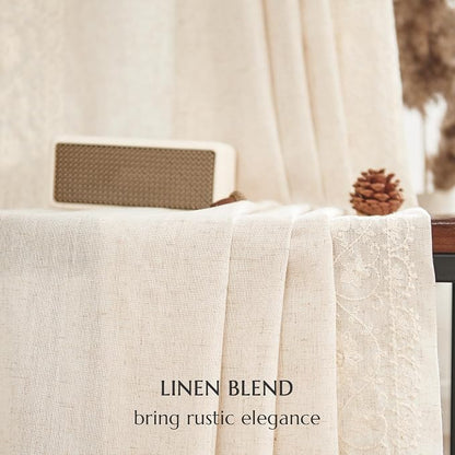jinchan Floral Linen Curtains Embroidered Back Tab 50x63in 4 Panels Ivory | - Image 9