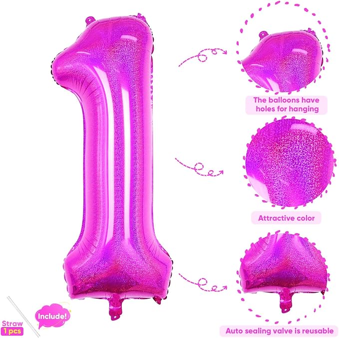 Hot Pink 1 Balloon, 40 Inch Large Laser Hot Pink Foil Helium Number Balloons 0-9 - Image 3