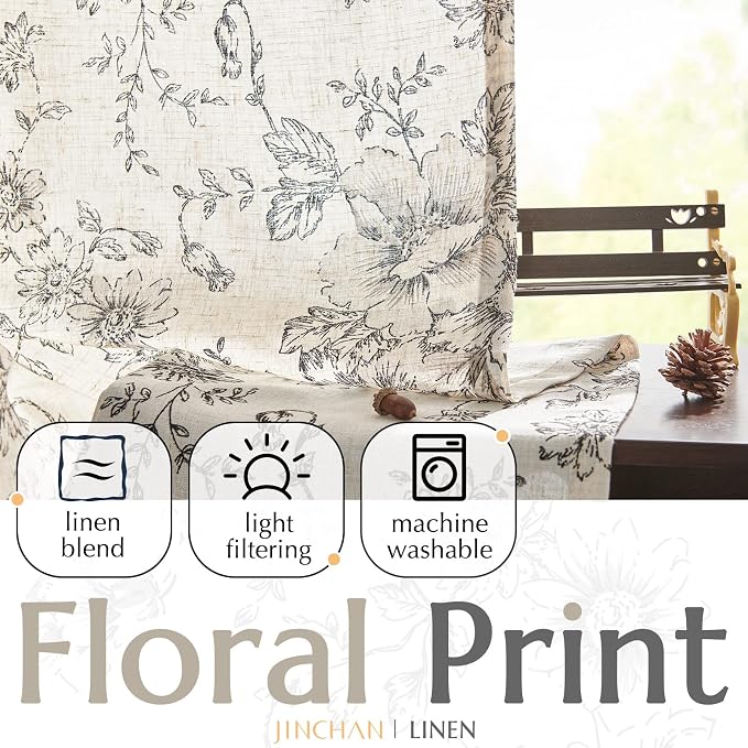 jinchan Black Floral Linen Curtains 96 Inch Farmhouse Back Tab 2 Panels | Light - Image 4