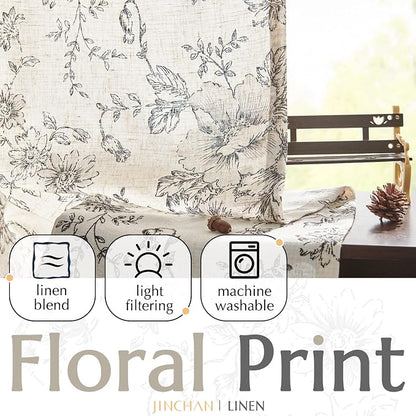 jinchan Black Floral Linen Curtains 96 Inch Farmhouse Back Tab 2 Panels | Light - Image 4