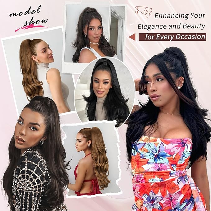 Ponytail Extension, Drawstring Ponytail Extension for Women 26 Inch Long Wavy Brown Pony Tails Hair Extensions Synthetic Clip in Ponytail Hairpiece for Women 8/27