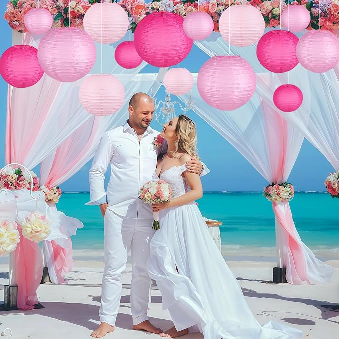15-Pack Pink Paper Lanterns, Hanging Party Decorations | 6, 8 & 10 Inch Rose - Image 3
