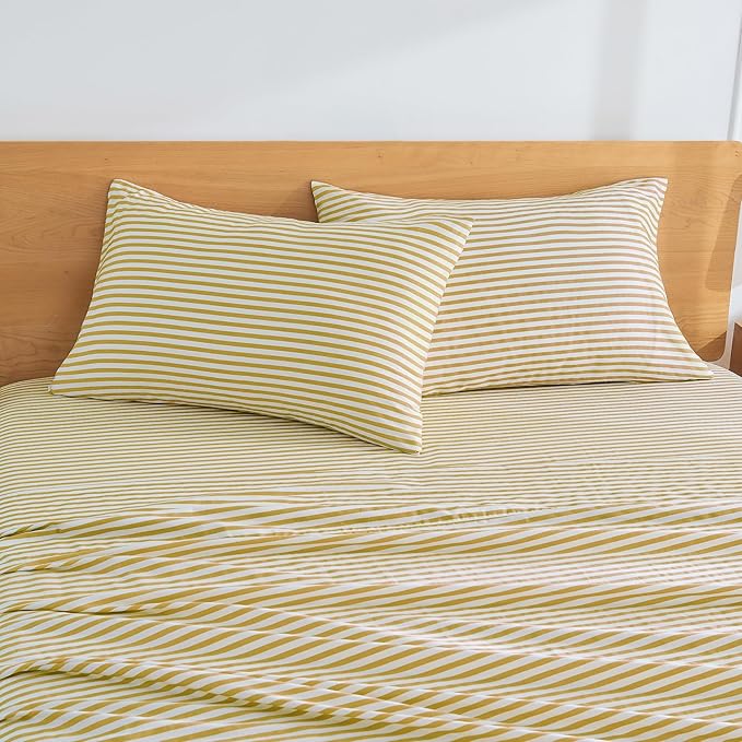 JELLYMONI 100% Natural Cotton Striped Queen Pillowcases Set, 2 Pack White and Yellow Stripes Pattern Printed Pillow Covers with Envelope Closure(Pillows are not Included)