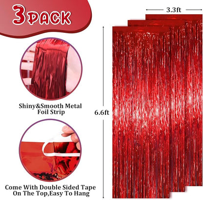 Voircoloria Red Foil Fringe Backdrop Curtains, 3.3 x 6.6 ft, Birthday Party - Image 3