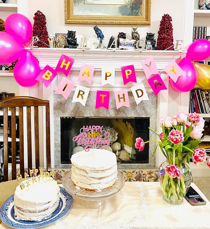 Happy Birthday Banner Birthday Party Supplies Garland Decorations Pink White - Image 4