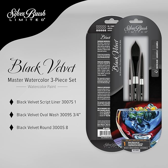 Silver Brush Limited WC-3000S Black Velvet Master Watercolor Set, Set of 3, Size 3/4 Inch Oval Wash, Size 8 Round, and Size 1 Script Liner Paintbrushes, Short Handle
