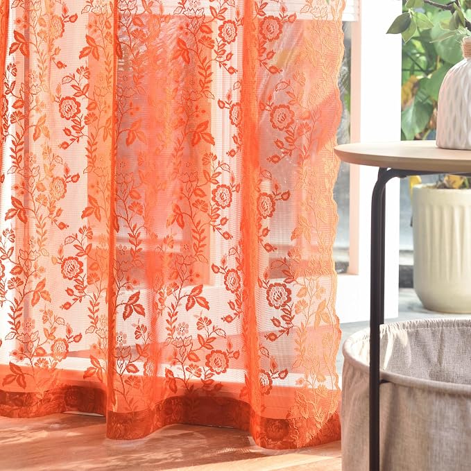 Burnt Orange Floral Lace Curtains - Image 5