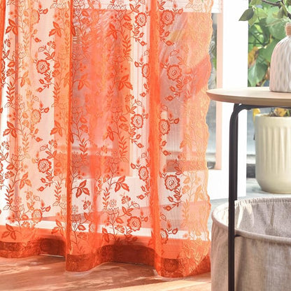 Burnt Orange Floral Lace Curtains - Image 5