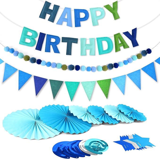 CANREVEL 17 PCS Pre-Strung 3D Blue Happy Birthday Banner, Happy Birthday Felt by CANREVEL