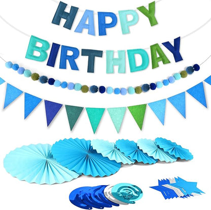 CANREVEL 17 PCS Pre-Strung 3D Blue Happy Birthday Banner, Happy Birthday Felt by CANREVEL