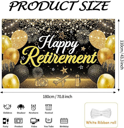 Large Black Gold Happy Retirement Decorations Banner - Image 2