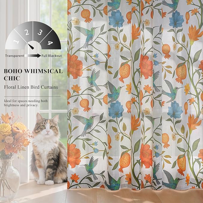 White Floral Linen Curtains, Boho Whimsical Bird Print Curtains - Image 3