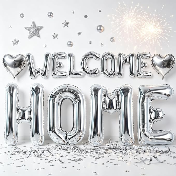 TONIFUL 2 Size Silver WELCOME HOME Foil Letter Balloons Banner Decorations | by TONIFUL