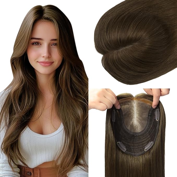 HAIR Real Human Hair Toppers for Women 150 Density 6x7inch 75 grams 16 inch medium dark brown for Women with Thinning Crown (#4 16inch)