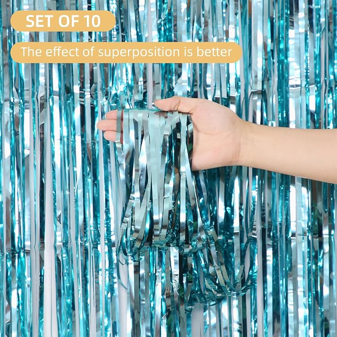 10 Pack Blue Foil Curtain Backdrop 3.2ft x 9.8ft Metallic Tinsel Foil Fringe - Image 2