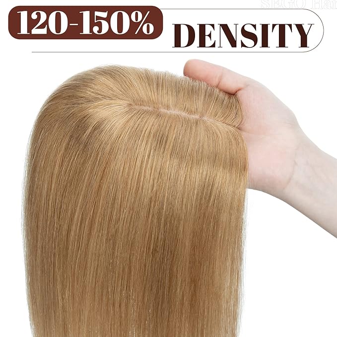 SEGO Real Human Hair Topper for Women, No Bangs Hair Topper with Anti-Slip Clips (12 Inch#27 Dark Blonde)
