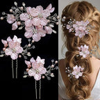 3 PCS Large Flower Bridal Wedding Hair Pins Crystal Pearl Hair Clips Headpiece Bride Hair Accessories Jewelry with Rhinestone, Glitter Emboss Pink Flower