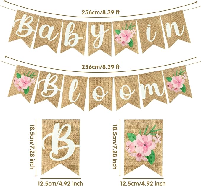ANGOLIO 2Pcs Floral Baby in Bloom Baby Shower Burlap Banner Decoration Wall - Image 2
