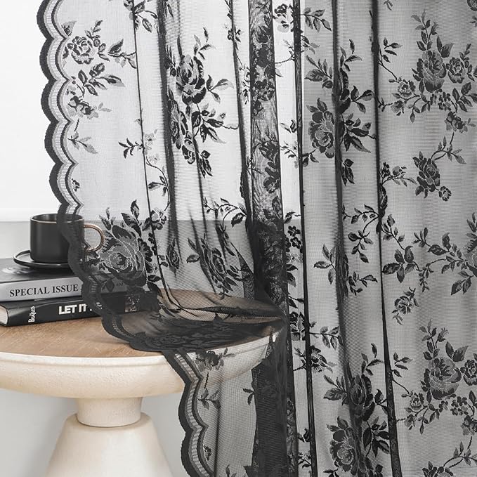 Black Lace Curtains 90 Inches Long 2 Panels Vintage Gothic Floral Lace Curtains - Image 4